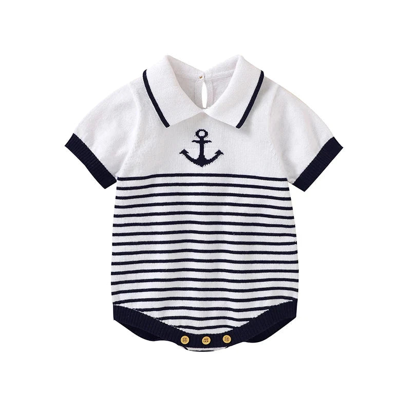 Knitted Baby Romper with Sailor Collar – Short Sleeve Cotton One-Piece (0-18M)    Mimou Babywear