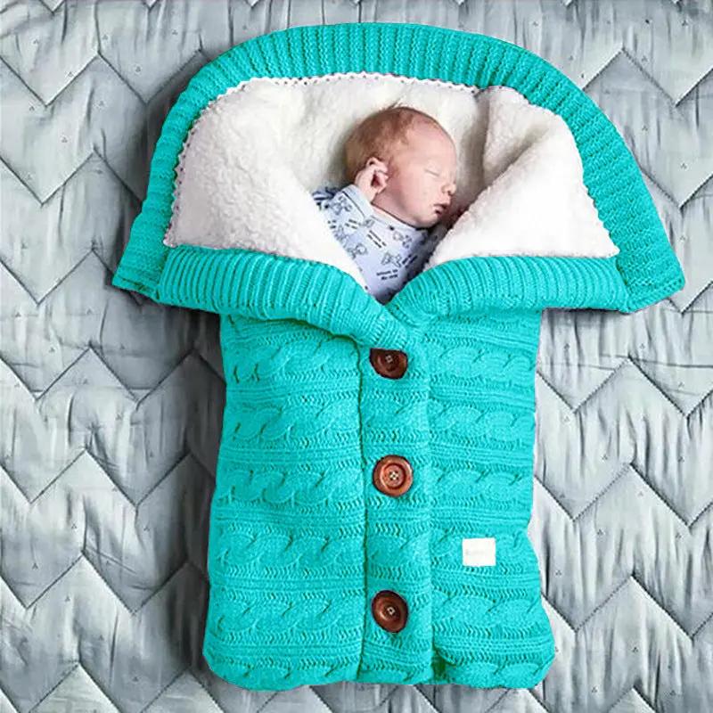 Knitted Button Twist Baby Sleeping Bag – Thickened Velvet-Lined Cocoon for Stroller & Naptime   3 Button Sleeping Bag - Blue / 70*40cm Mimou Babywear