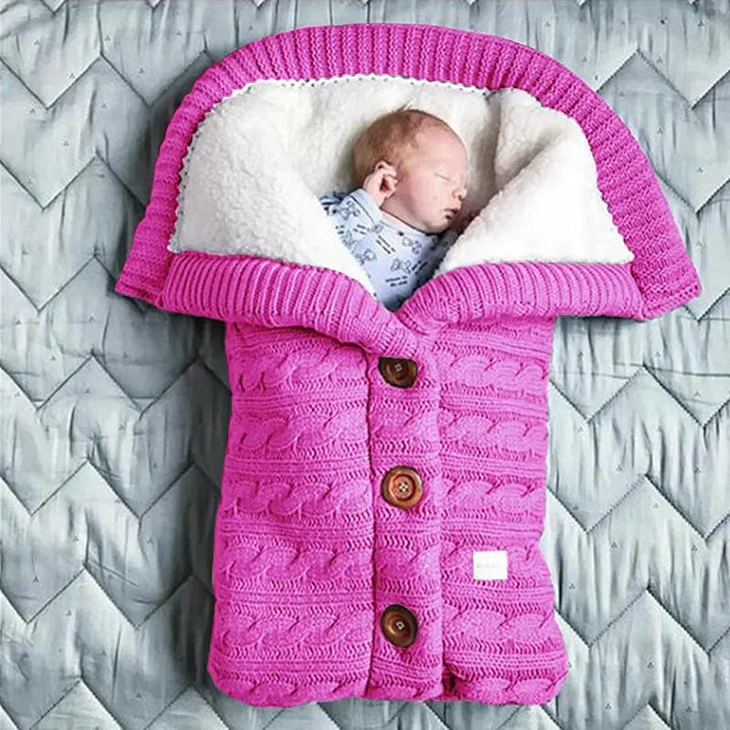 Knitted Button Twist Baby Sleeping Bag – Thickened Velvet-Lined Cocoon for Stroller & Naptime   3 Button Sleeping Bag Rose Red / 70*40cm Mimou Babywear