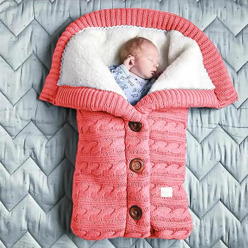 Knitted Button Twist Baby Sleeping Bag – Thickened Velvet-Lined Cocoon for Stroller & Naptime    Mimou Babywear