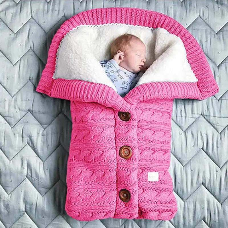 Knitted Button Twist Baby Sleeping Bag – Thickened Velvet-Lined Cocoon for Stroller & Naptime   3 Button Sleep Bag-Rose Pink / 70*40cm Mimou Babywear