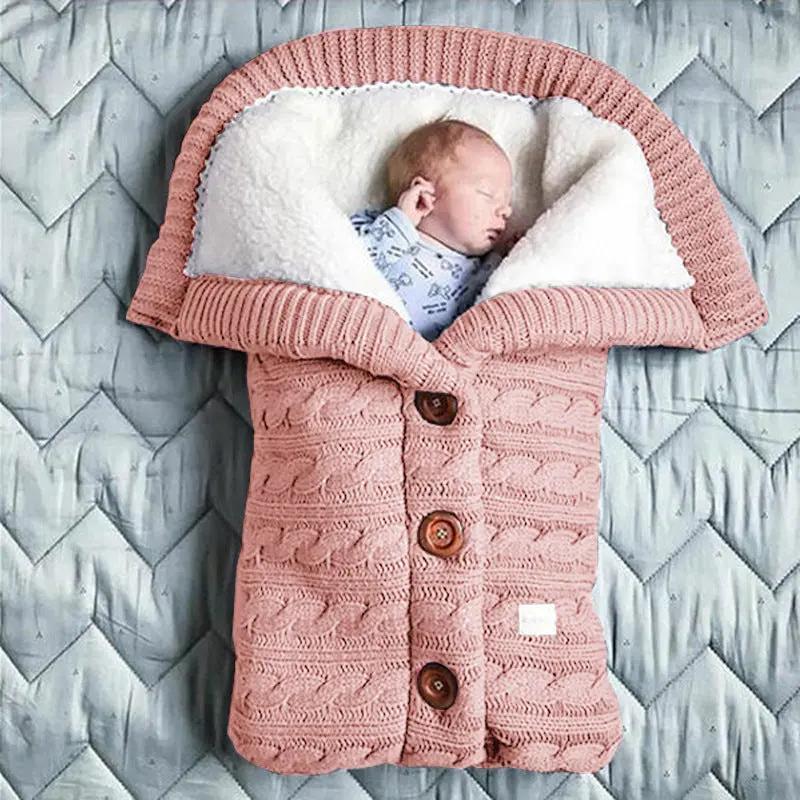 Knitted Button Twist Baby Sleeping Bag – Thickened Velvet-Lined Cocoon for Stroller & Naptime   3 Button Sleeping Bag - Pink / 70*40cm Mimou Babywear