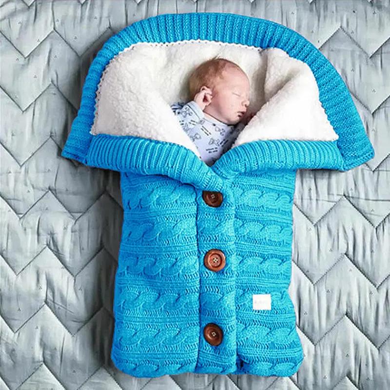 Knitted Button Twist Baby Sleeping Bag – Thickened Velvet-Lined Cocoon for Stroller & Naptime   Sleeping Bag-Lake Blue / 70*40cm Mimou Babywear