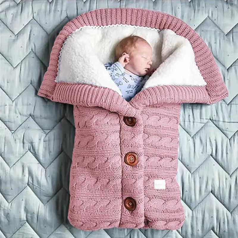 Knitted Button Twist Baby Sleeping Bag – Thickened Velvet-Lined Cocoon for Stroller & Naptime   Sleeping Bag -  Pink / 70*40cm Mimou Babywear