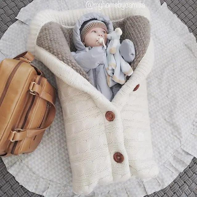 Knitted Button Twist Baby Sleeping Bag – Thickened Velvet-Lined Cocoon for Stroller & Naptime   Sleeping Bag - White / 70*40cm Mimou Babywear