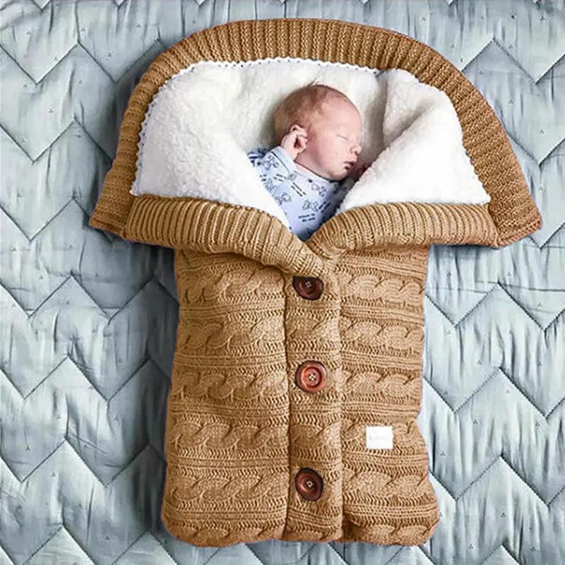 Knitted Button Twist Baby Sleeping Bag – Thickened Velvet-Lined Cocoon for Stroller & Naptime   Sleeping Bag - Khaki / 70*40cm Mimou Babywear