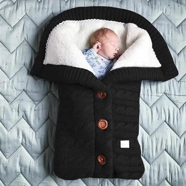 Knitted Button Twist Baby Sleeping Bag – Thickened Velvet-Lined Cocoon for Stroller & Naptime   Sleeping Bag - Black / 70*40cm Mimou Babywear