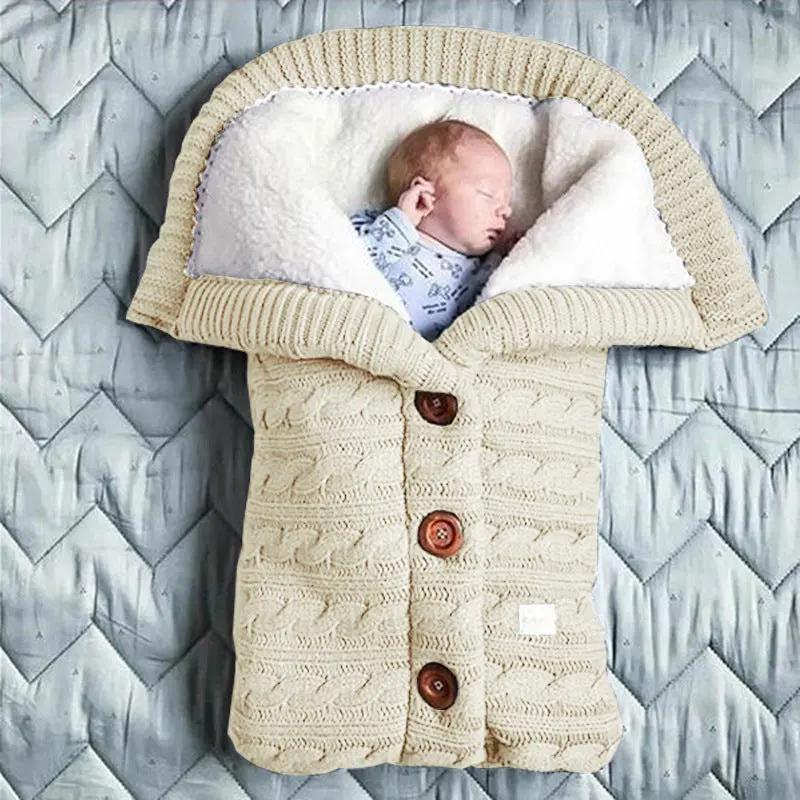 Knitted Button Twist Baby Sleeping Bag – Thickened Velvet-Lined Cocoon for Stroller & Naptime   Sleeping Bag - Beige / 70*40cm Mimou Babywear