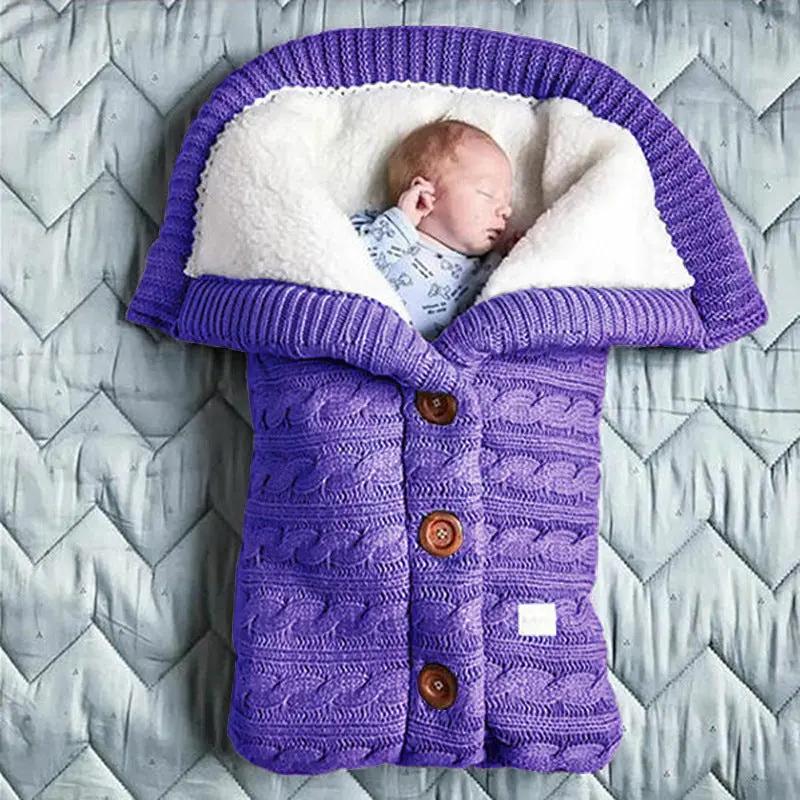 Knitted Button Twist Baby Sleeping Bag – Thickened Velvet-Lined Cocoon for Stroller & Naptime   Sleeping Bag - Purple / 70*40cm Mimou Babywear