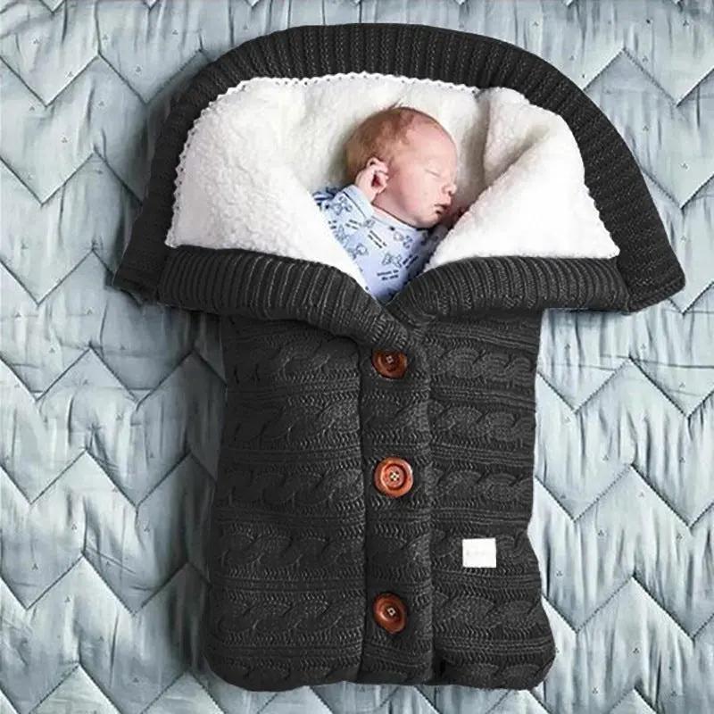 Knitted Button Twist Baby Sleeping Bag – Thickened Velvet-Lined Cocoon for Stroller & Naptime   Sleeping Bag - Dark Grey / 70*40cm Mimou Babywear