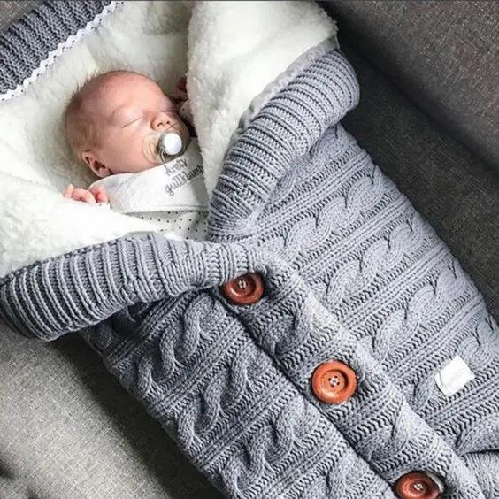Knitted Button Twist Baby Sleeping Bag – Thickened Velvet-Lined Cocoon for Stroller & Naptime   Sleeping Bag - Medium Grey / 70*40cm Mimou Babywear