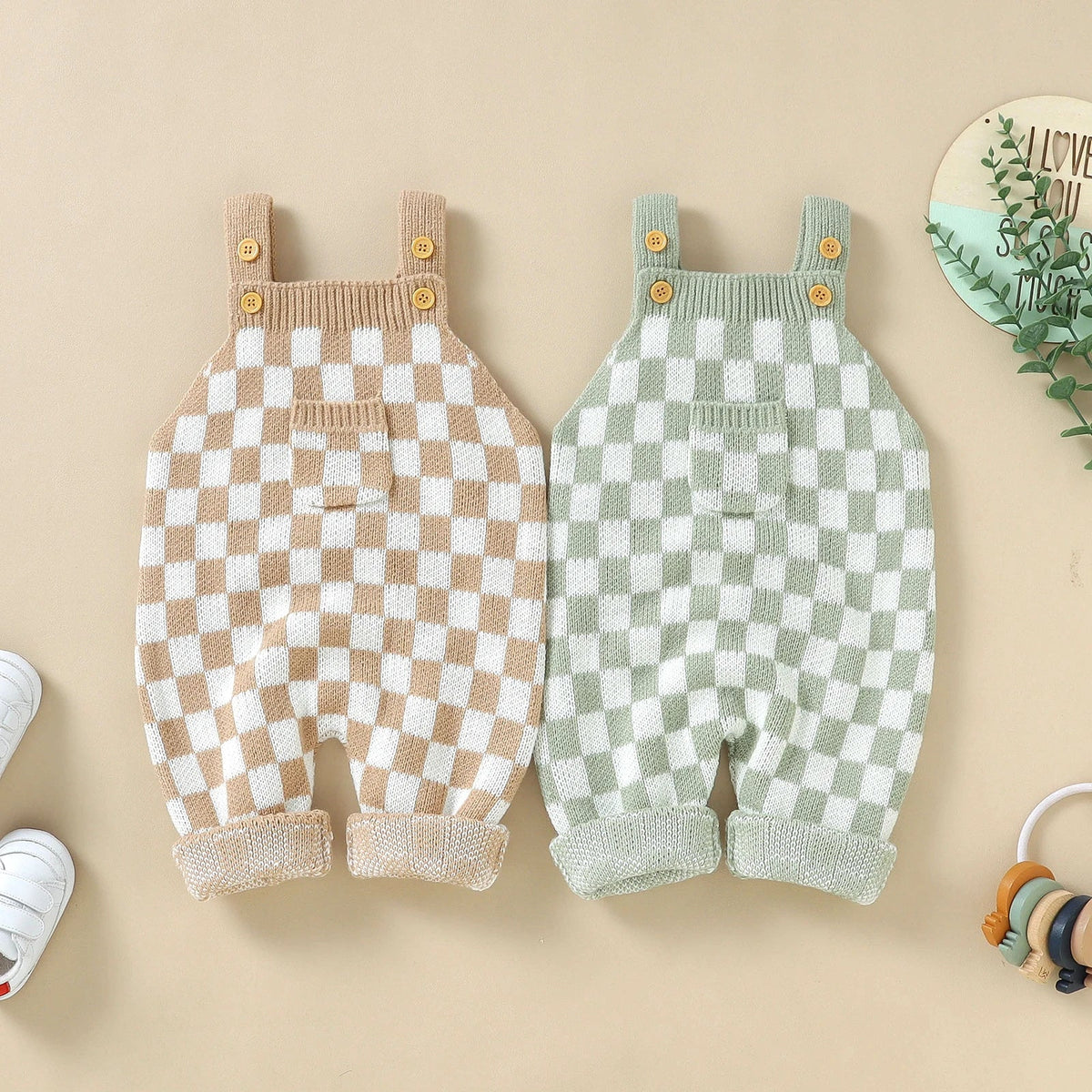 Knitted Gingham Baby Romper with Button Straps (0–24M)    Mimou Babywear