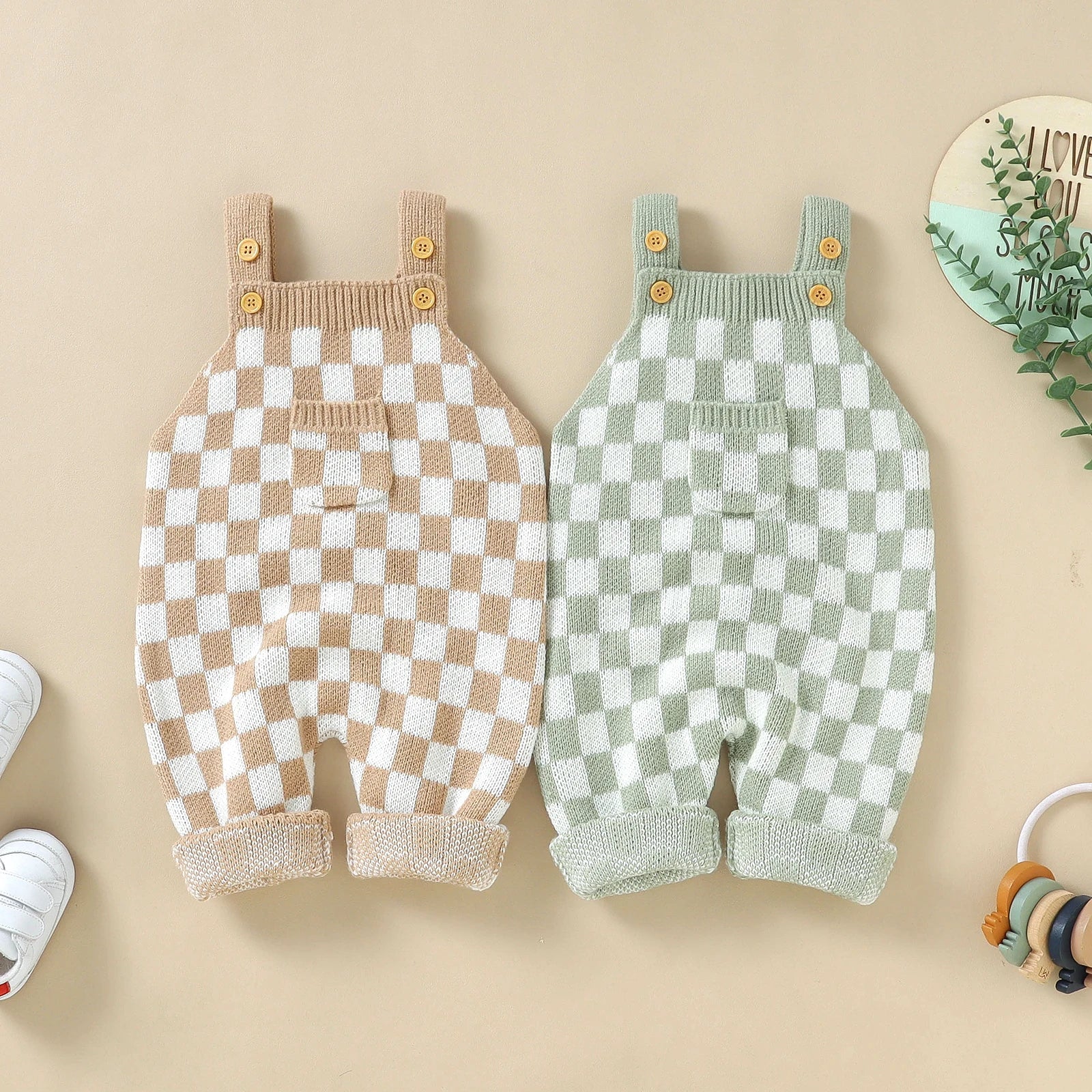 Knitted Gingham Baby Romper with Button Straps (0–24M)    Mimou Babywear