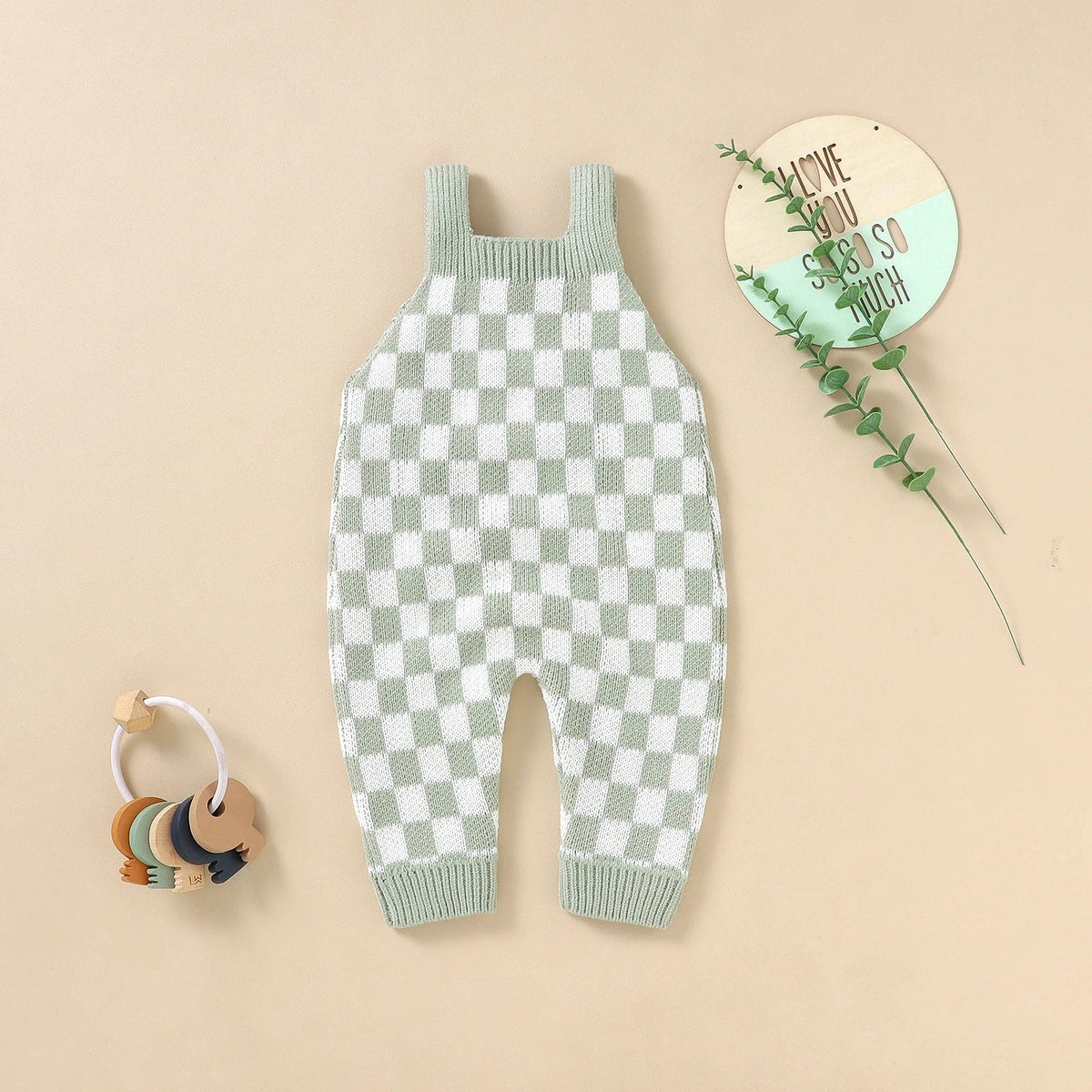 Knitted Gingham Baby Romper with Button Straps (0–24M)    Mimou Babywear
