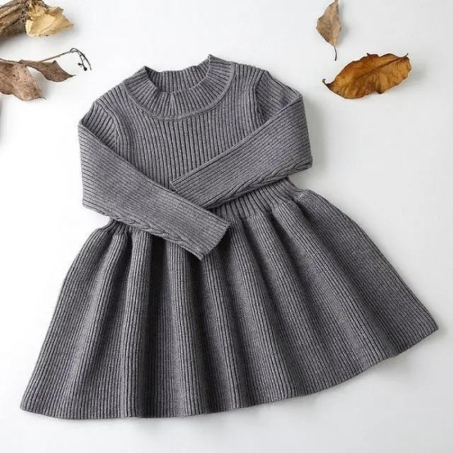 Knitted Princess Baby Dress – Long-Sleeve Doll Dress with Lotus Leaf Collar & Pockets   gray / 3T Mimou Babywear