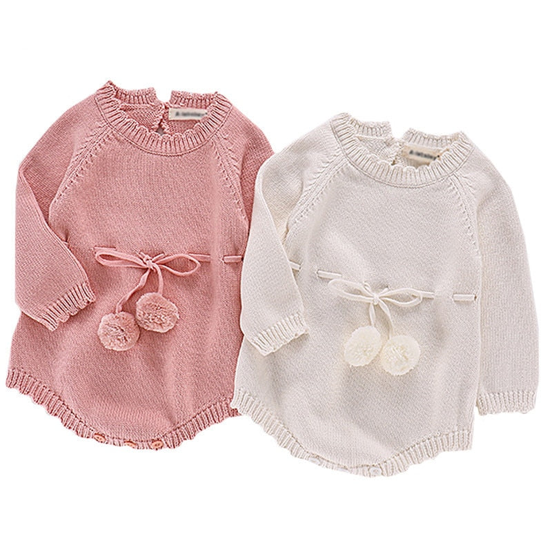 Knitted Princess Romper – Autumn Long-Sleeve Cotton Baby Girl Outfit    Mimou Babywear