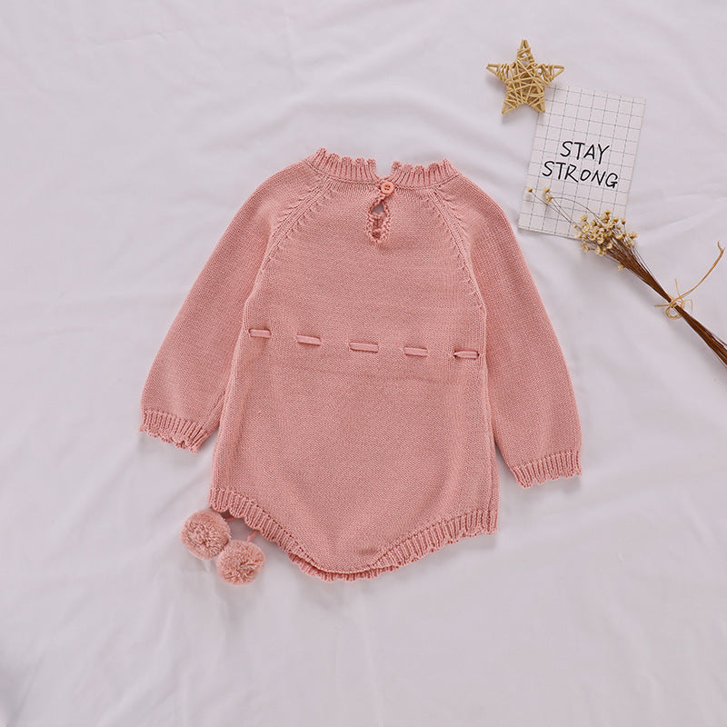 Knitted Princess Romper – Autumn Long-Sleeve Cotton Baby Girl Outfit    Mimou Babywear
