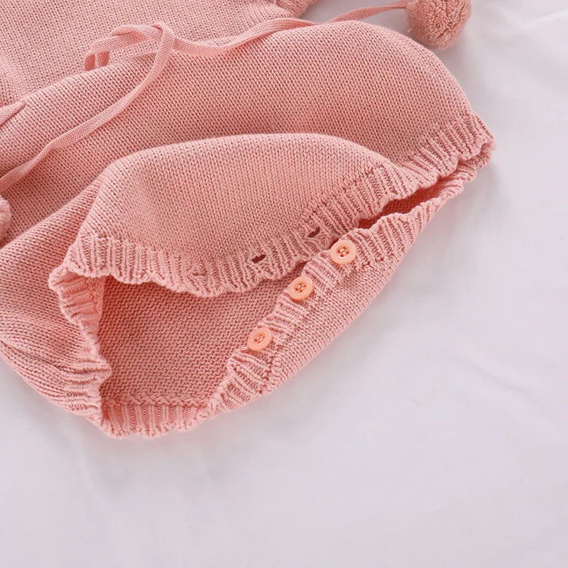 Knitted Princess Romper – Autumn Long-Sleeve Cotton Baby Girl Outfit    Mimou Babywear