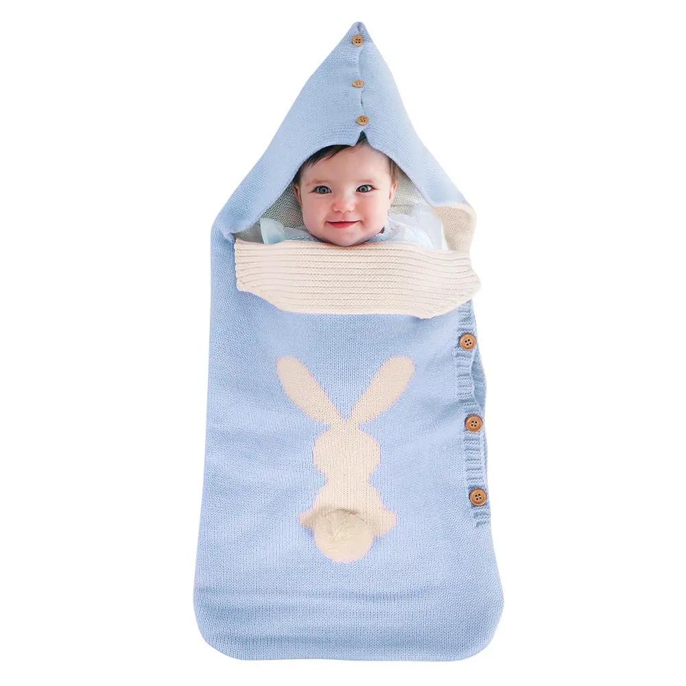 Knitted Rabbit Button Baby Sleeping Bag – Soft Wool Blend Cocoon for Stroller & Outdoor Use   Light Blue Mimou Babywear
