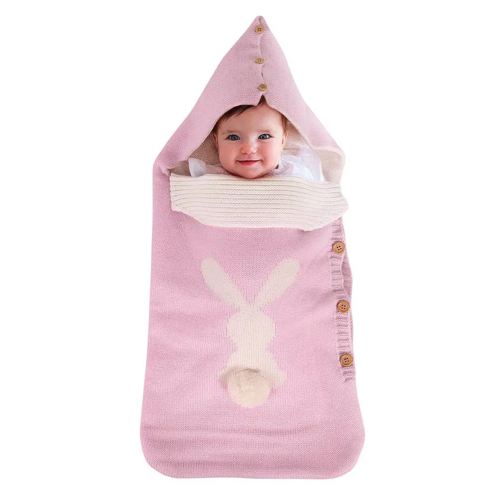 Knitted Rabbit Button Baby Sleeping Bag – Soft Wool Blend Cocoon for Stroller & Outdoor Use   Pink Mimou Babywear