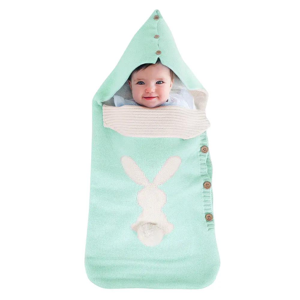 Knitted Rabbit Button Baby Sleeping Bag – Soft Wool Blend Cocoon for Stroller & Outdoor Use   Light Green Mimou Babywear