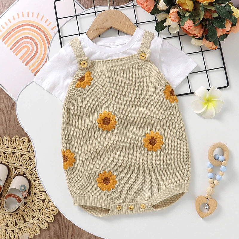 Knitted Sleeveless Baby Romper – Floral One-Piece (3-24M)    Mimou Babywear