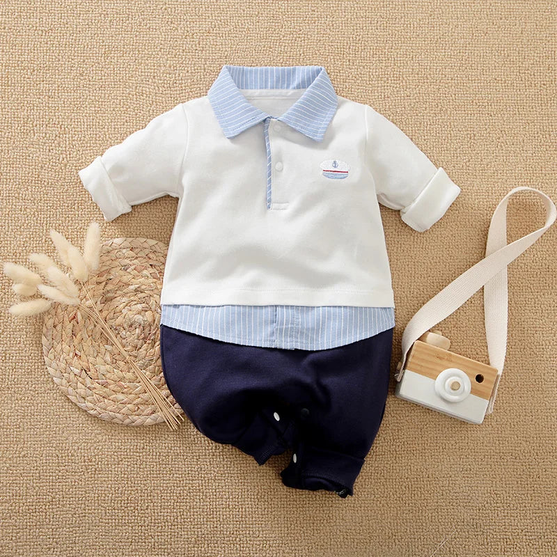 Long Sleeve Cotton Baby Polo Romper Outfit (0–18M)    Mimou Babywear