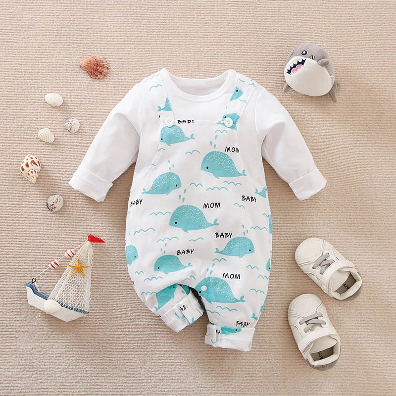 Mom & Baby" Whale Print Long Sleeve Romper – Soft Cotton Jumpsuit (3–24M)    Mimou Babywear