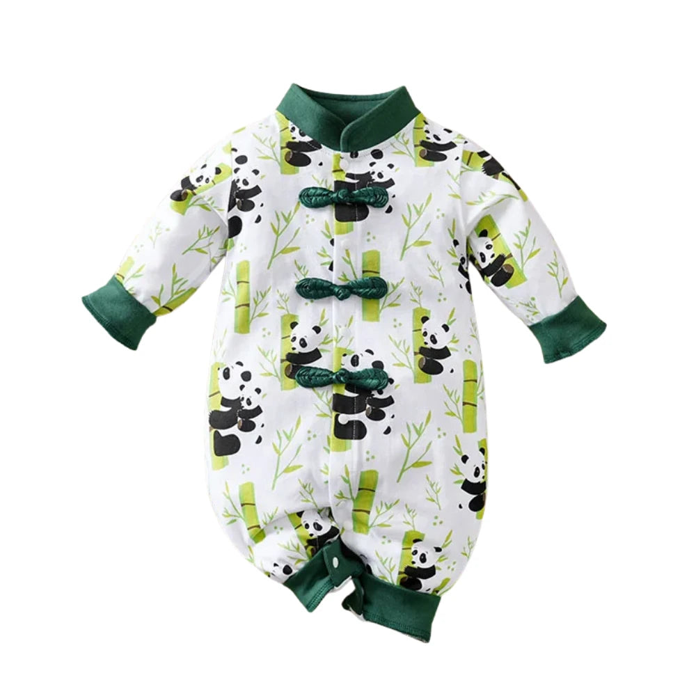 New Chinese-style children's suit with buckle design, pure cotton, and panda print spring and autumn clothes (0-18M)    Mimou Babywear