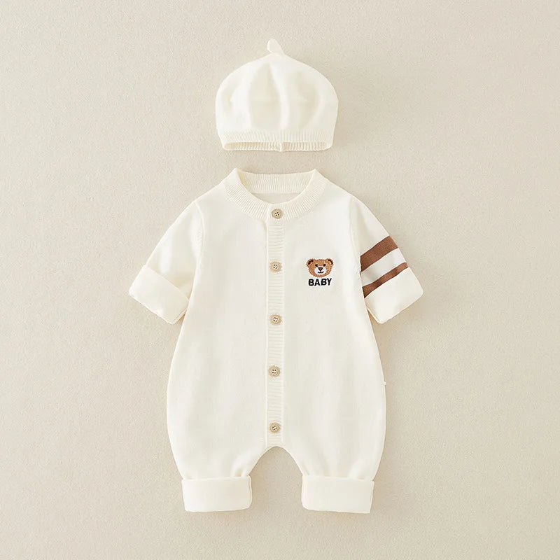 Newborn Autumn Cotton Jumpsuit with Hat – Soft 2-Piece Set for Baby Boys & Girls   White / 12-18M(90) Mimou Babywear