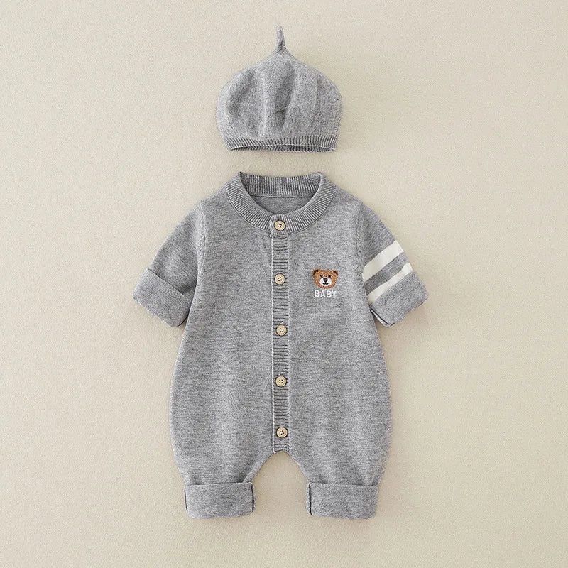 Newborn Autumn Cotton Jumpsuit with Hat – Soft 2-Piece Set for Baby Boys & Girls   Grey / 12-18M(90) Mimou Babywear