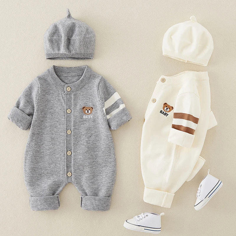 Newborn Autumn Cotton Jumpsuit with Hat – Soft 2-Piece Set for Baby Boys & Girls    Mimou Babywear
