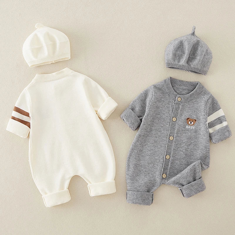 Newborn Autumn Cotton Jumpsuit with Hat – Soft 2-Piece Set for Baby Boys & Girls    Mimou Babywear