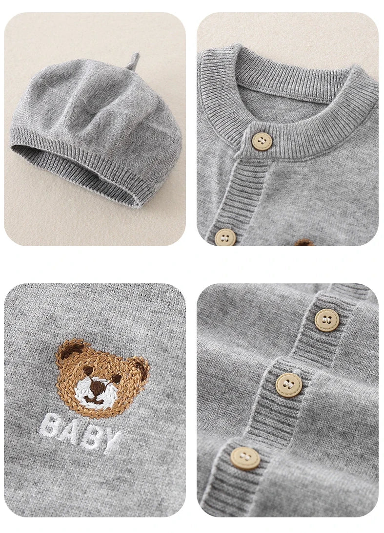 Newborn Autumn Cotton Jumpsuit with Hat – Soft 2-Piece Set for Baby Boys & Girls    Mimou Babywear