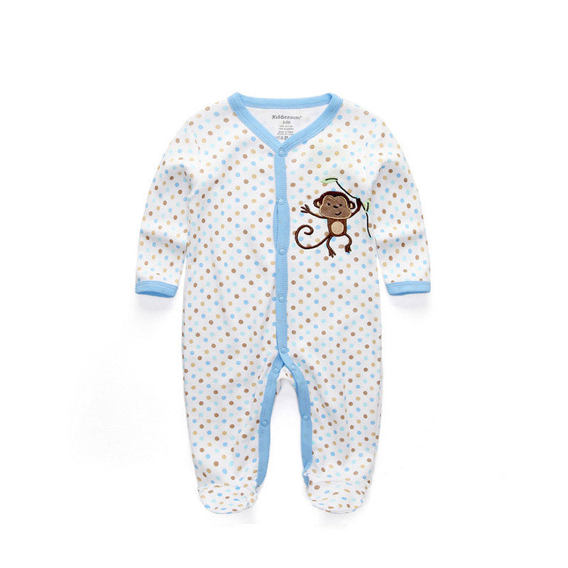 Newborn pure cotton double button crawling clothes baby jumpsuit closed door children's clothing   Blue monkey long sleeved long crawl / 9-12M Mimou Babywear