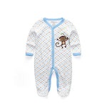 Newborn pure cotton double button crawling clothes baby jumpsuit closed door children's clothing   Blue monkey long sleeved long crawl / 9-12M Mimou Babywear