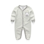 Newborn pure cotton double button crawling clothes baby jumpsuit closed door children's clothing   Striped teddy bear long sleeved long crawl / 9-12M Mimou Babywear