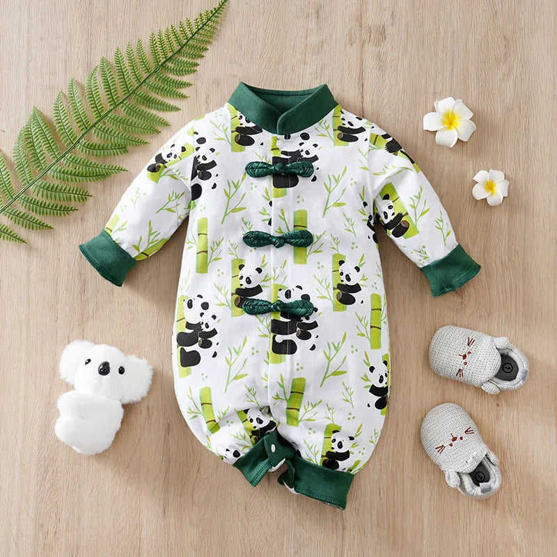 Nuova tuta da bambino in stile cinese con design con fibbia in puro cotone e vestiti primaverili e autunnali con stampa panda    Mimou Babywear