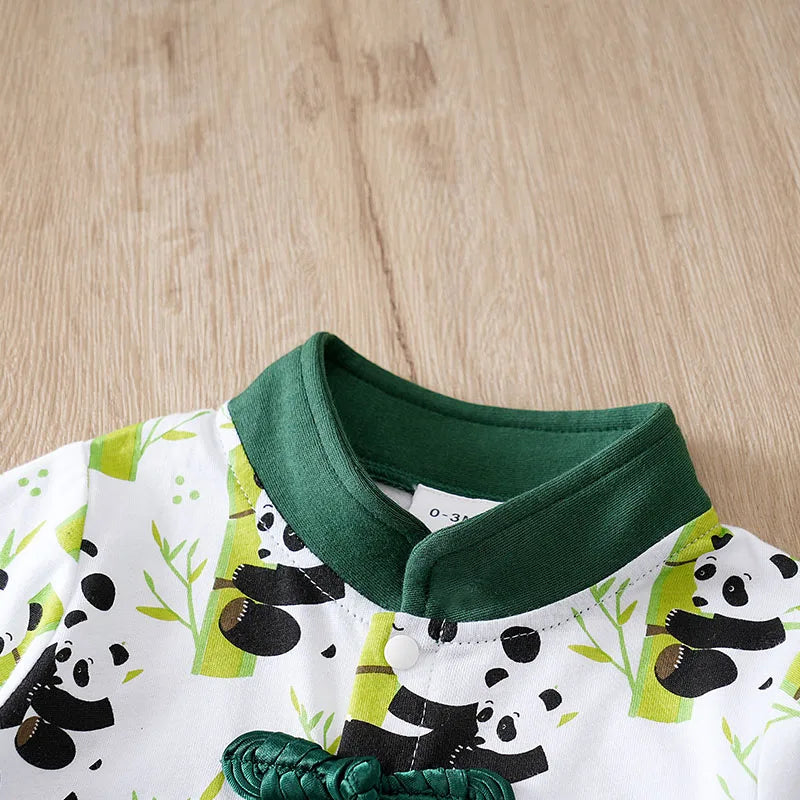 Nuova tuta da bambino in stile cinese con design con fibbia in puro cotone e vestiti primaverili e autunnali con stampa panda    Mimou Babywear