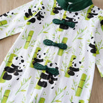 Nuova tuta da bambino in stile cinese con design con fibbia in puro cotone e vestiti primaverili e autunnali con stampa panda    Mimou Babywear