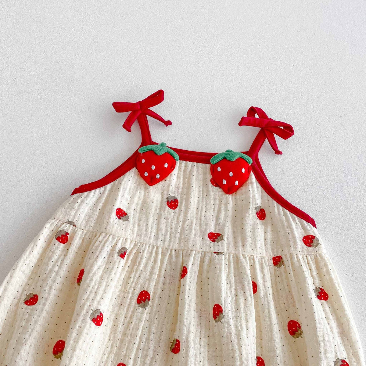 Strawberry Fields Muslin Romper – 3D Strawberry Detail Tie-Strap Bubble Bodysuit (0–18M)    Mimou Babywear