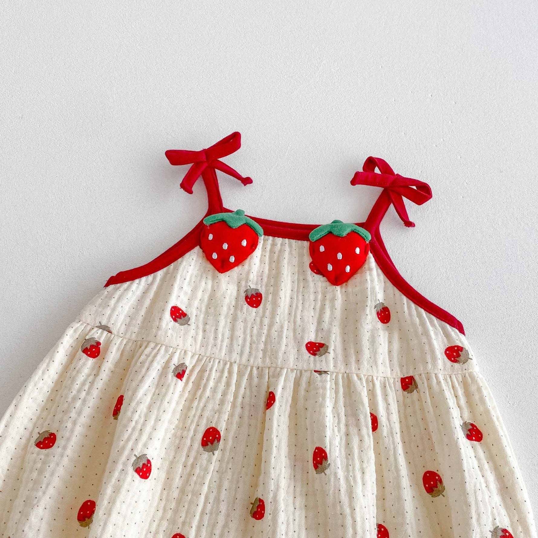 Strawberry Fields Muslin Romper – 3D Strawberry Detail Tie-Strap Bubble Bodysuit (0–18M)    Mimou Babywear