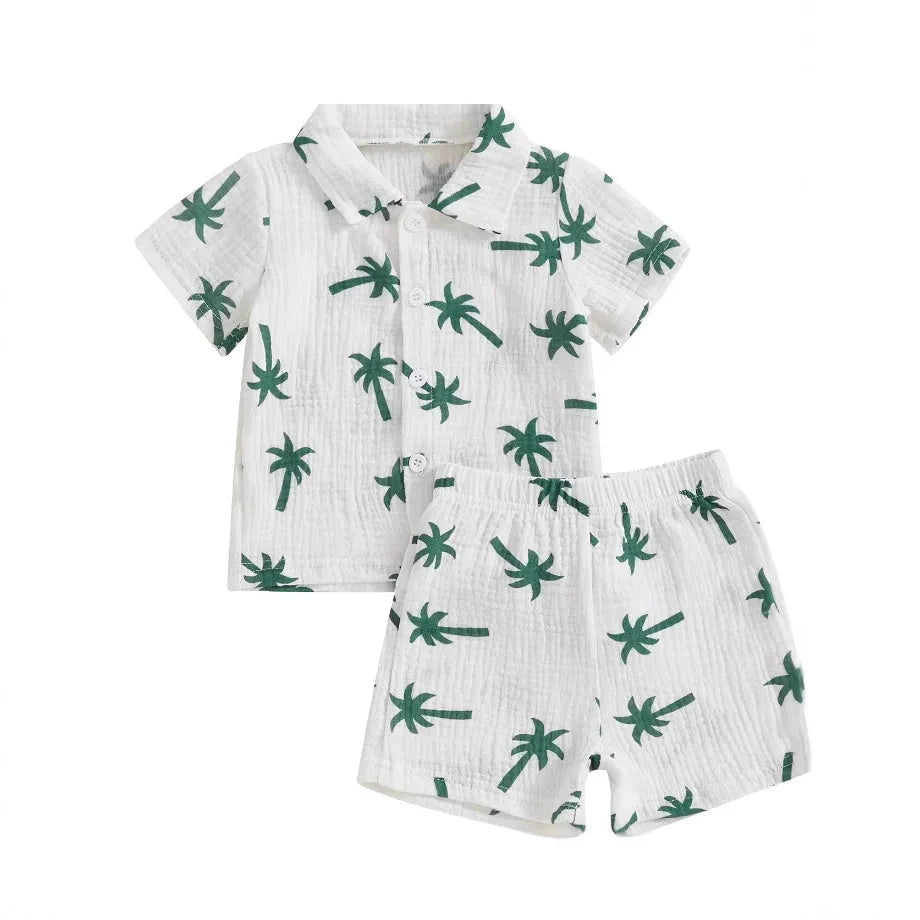 Palm Print Summer Baby Set – Button Shirt & Elastic Shorts (2-Piece - 6-36M)    Mimou Babywear