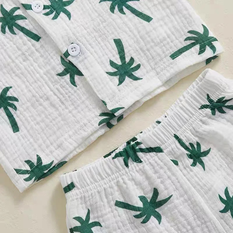 Palm Print Summer Baby Set – Button Shirt & Elastic Shorts (2-Piece - 6-36M)    Mimou Babywear
