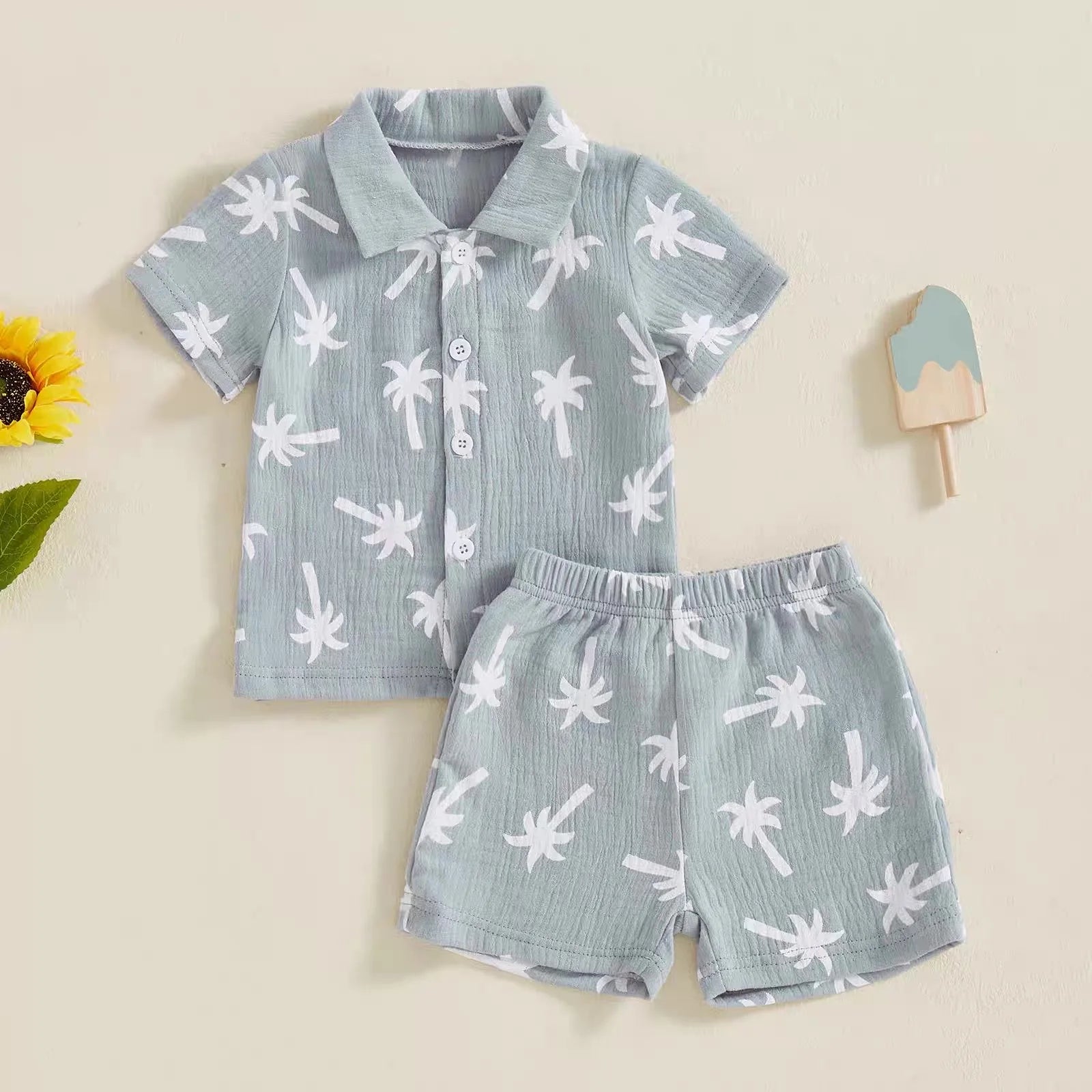 Palm Print Summer Baby Set – Button Shirt & Elastic Shorts (2-Piece - 6-36M)    Mimou Babywear