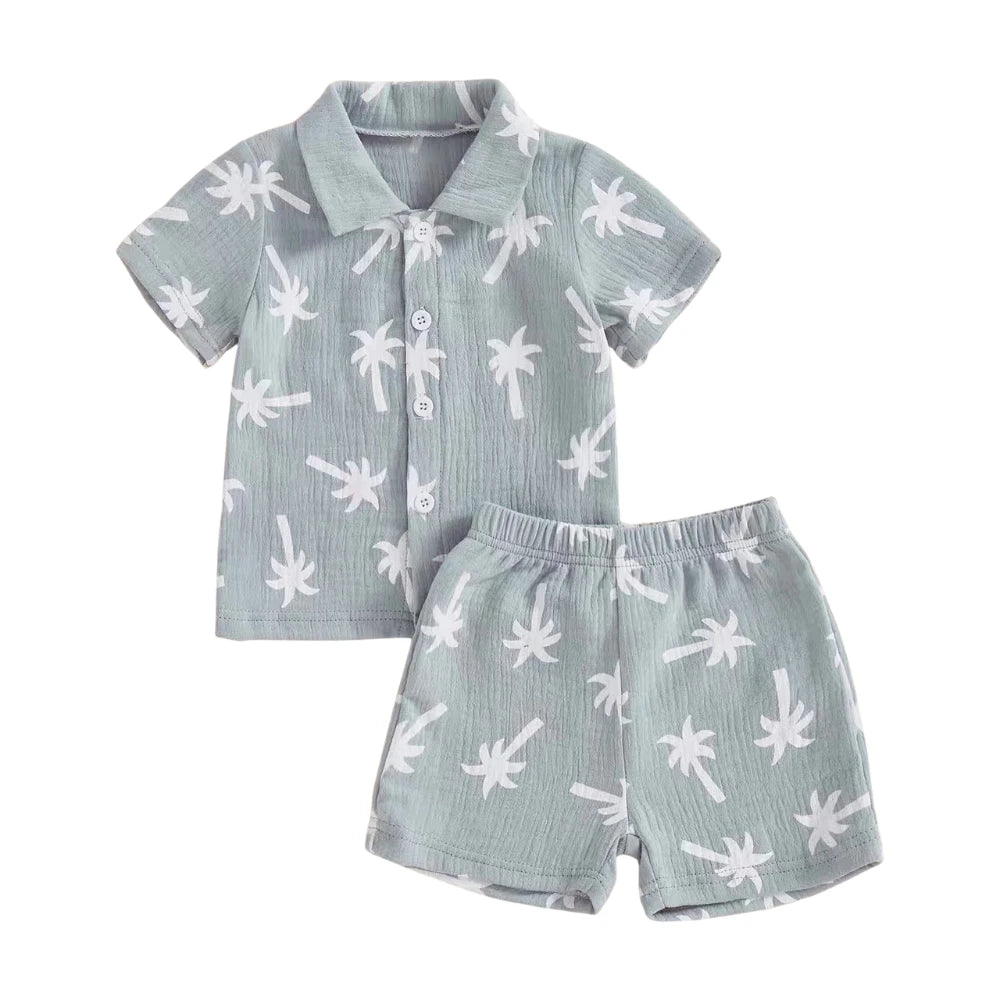 Palm Print Summer Baby Set – Button Shirt & Elastic Shorts (2-Piece - 6-36M)    Mimou Babywear