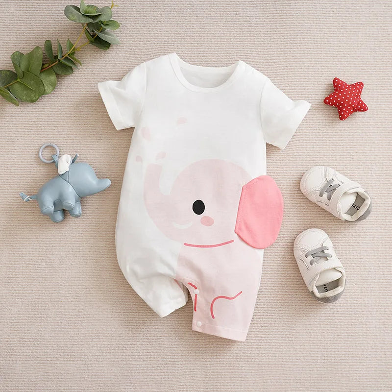Pink Elephant Baby Romper – Soft Cotton Short Sleeve Bodysuit for Newborn Girls (3–24M)    Mimou Babywear