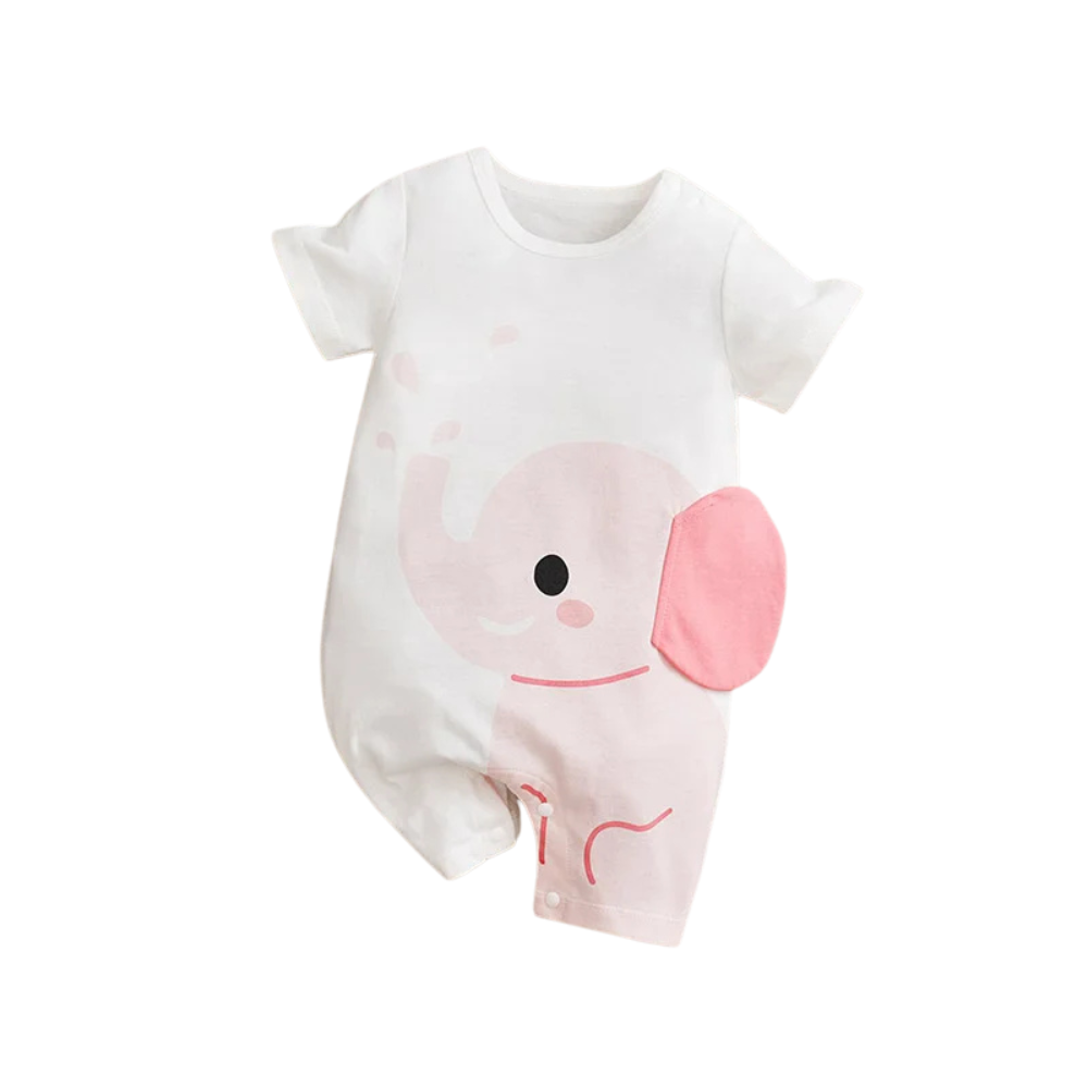 Pink Elephant Baby Romper – Soft Cotton Short Sleeve Bodysuit for Newborn Girls (3–24M)    Mimou Babywear