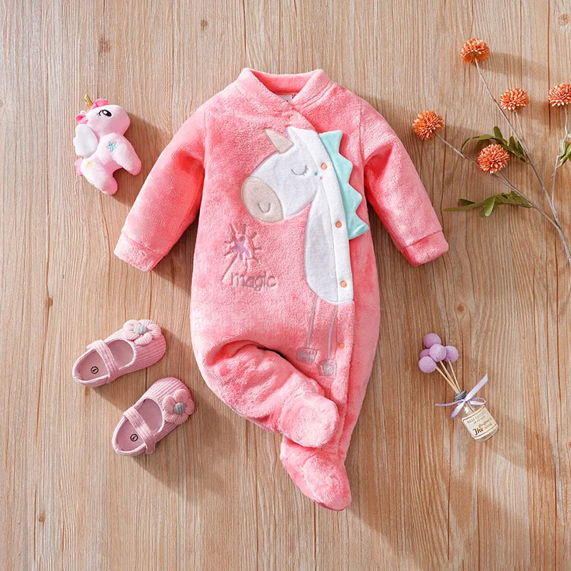 Pink Fleece Baby Dinosaur Footed Romper (0–18M)    Mimou Babywear