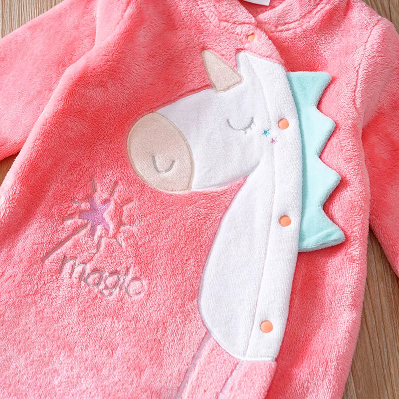 Pink Fleece Baby Dinosaur Footed Romper (0–18M)    Mimou Babywear